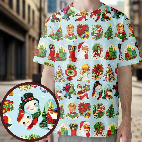 Vintage Holiday Character Graphic Tee, 60s Christmas Decorations All-Over Print T-Shirt, Retro Festive Xmas Shirt