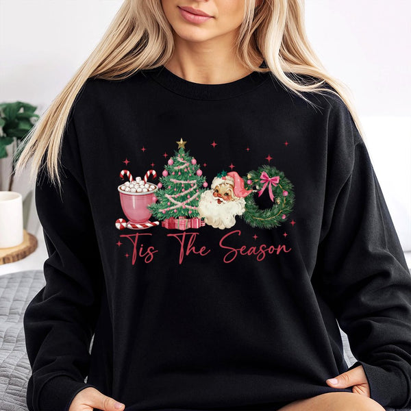 Vintage Santa and Tree Crewneck, Tis the Season Christmas Sweatshirt, Comfy Holiday Graphic Sweater, Retro Winter Apparel Pre