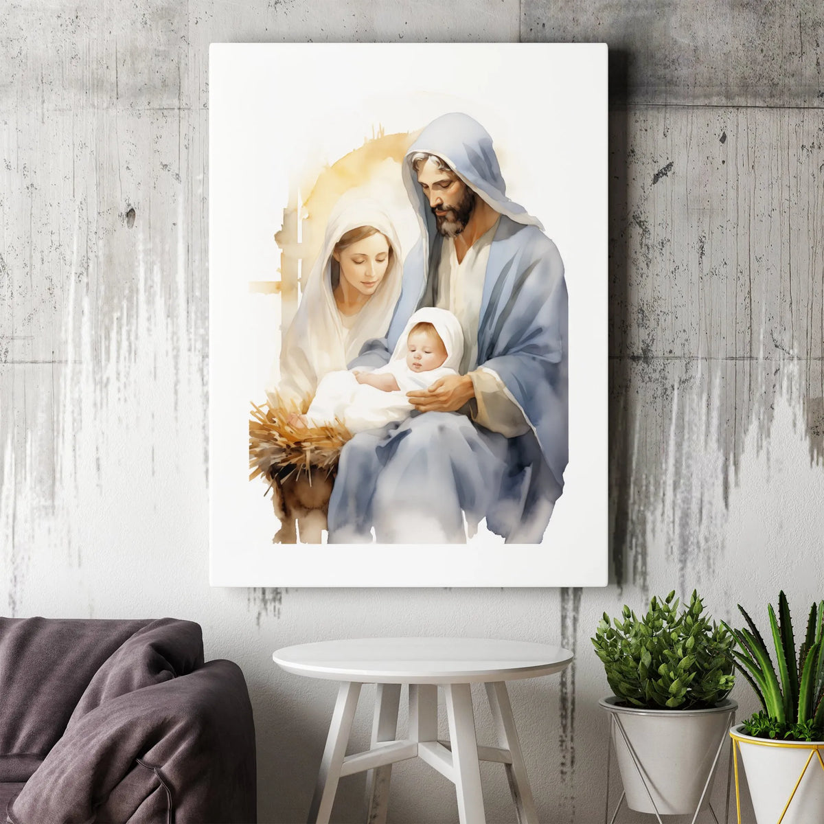 Watercolor Mary Joseph Baby Jesus Canvas Wall Art, Holy Family Nativity Canvas Print, Christian Christmas Wall Decor, Faith H