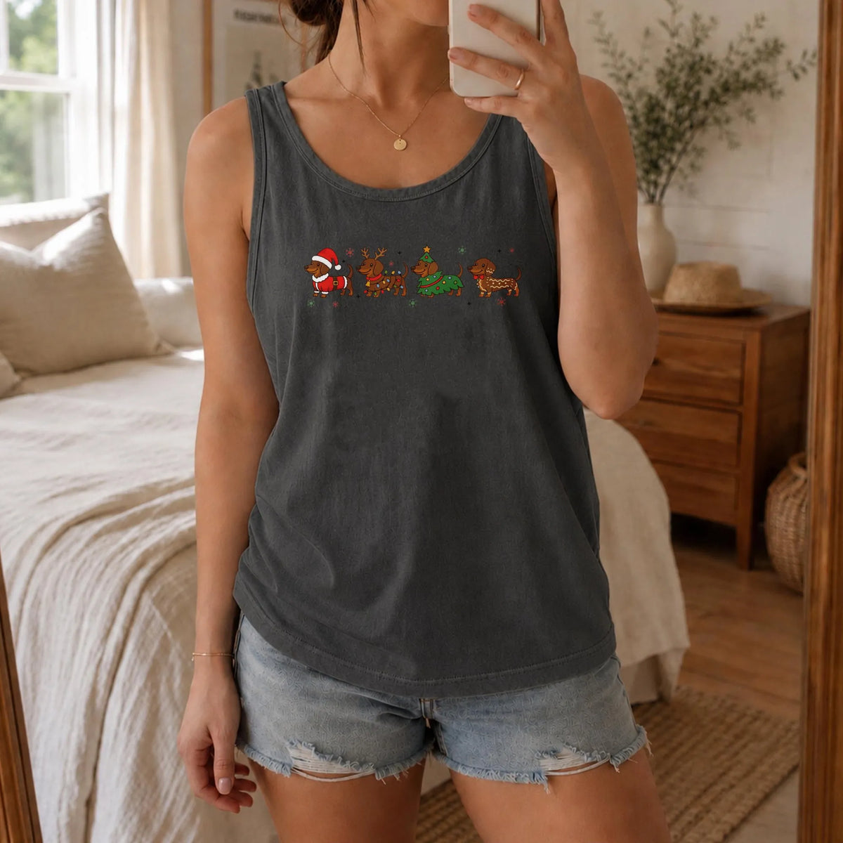 Wiener Dog Santa Hat Tank, Christmas Dachshund Tank Top, Holiday Dog Lover Sleeveless Tee, Retro Xmas Dachshund Tank Top, Dog