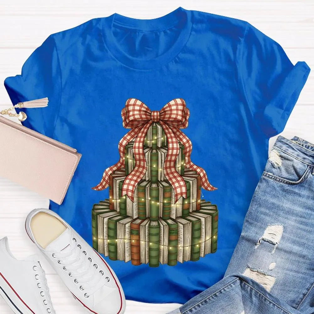Bookworm Holiday Graphic Tee, Books Bows Lights Christmas Tree Shirt, Comfy Bookish Christmas T-Shirt, Reader Teacher Xmas Pr