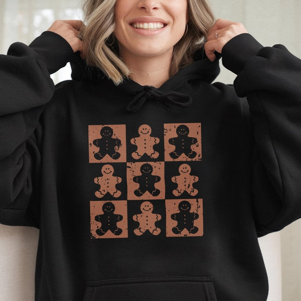 Retro Checkered Christmas Sweatshirt, Gingerbread Man Hoodie, Adorable Holiday Cookie Graphic Hooded Pullover, Festive Xmas P