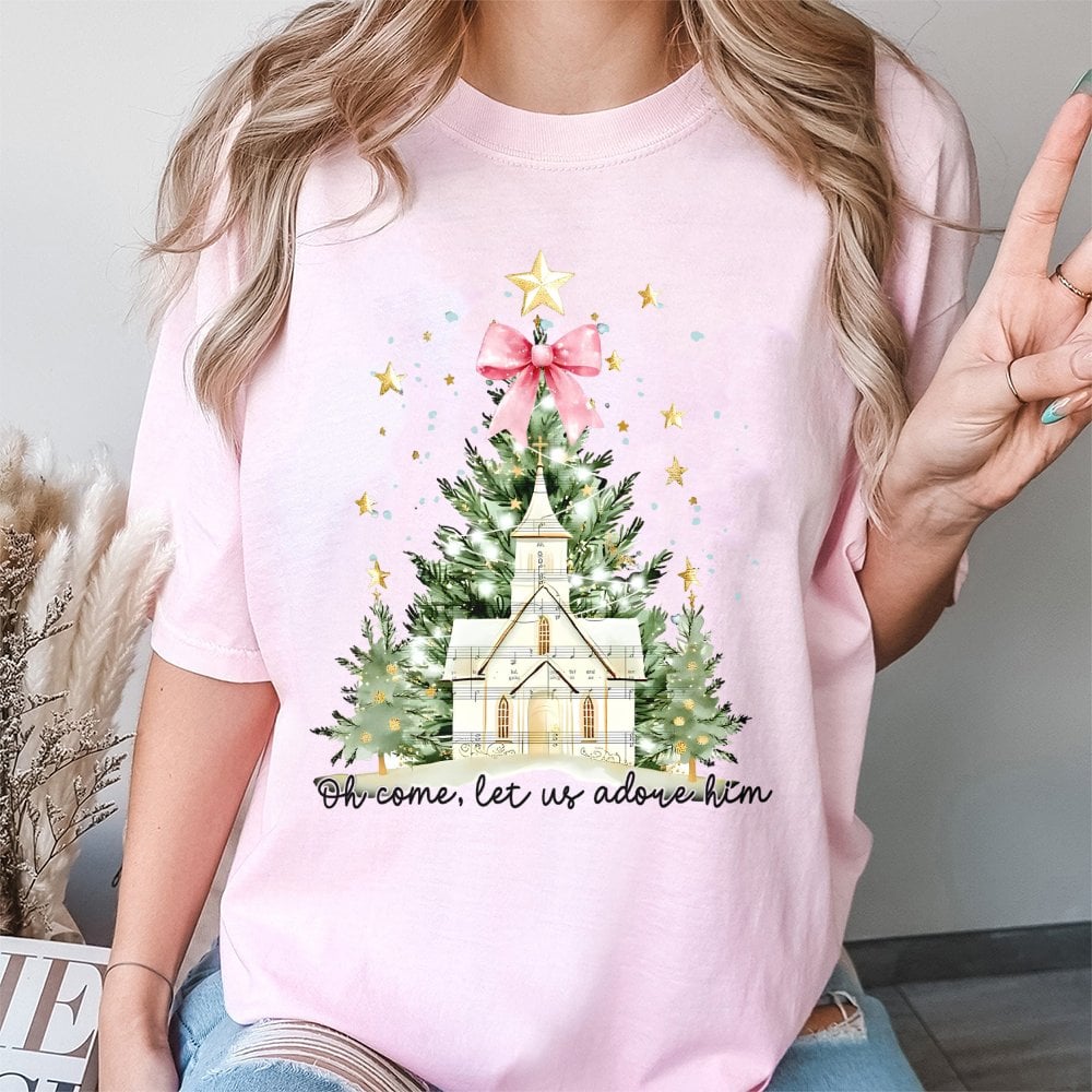 Watercolor Christmas Tree Shirt, Oh Come Let Us Adore Him T-Shirt, Coquette Bow Holiday Tee, Christian Graphic T-Shirt, Xmas 