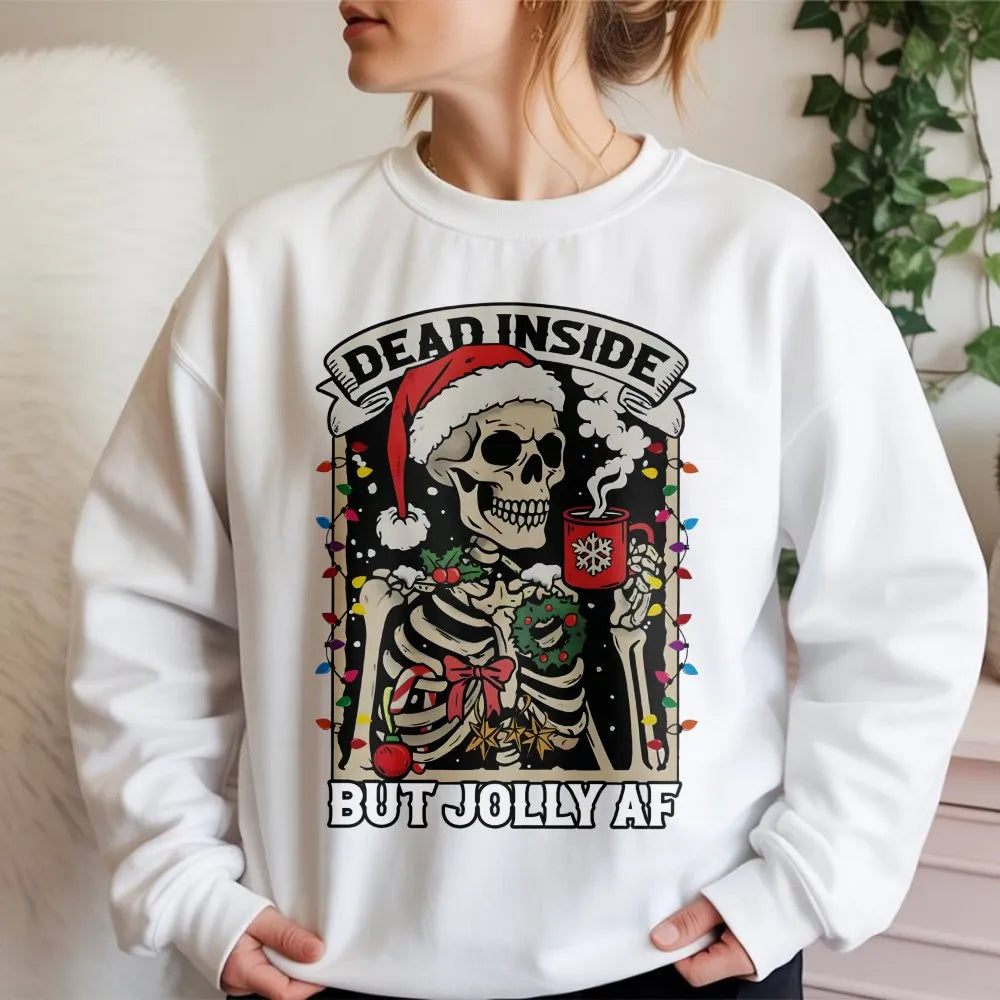 Humorous Skeleton Christmas Coffee Crewneck, Dead Inside but Jolly AF Sweatshirt, Sarcastic Holiday Pullover, Spooky Season X