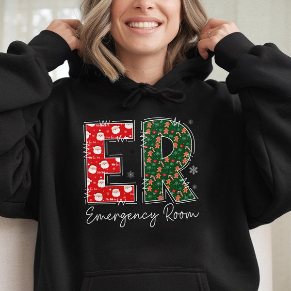Emergency Room Holiday Graphic Hoodie, ER Nurse Christmas Hoodie, Festive Medical RN Hooded Sweatshirt, Doctor Christmas Pres