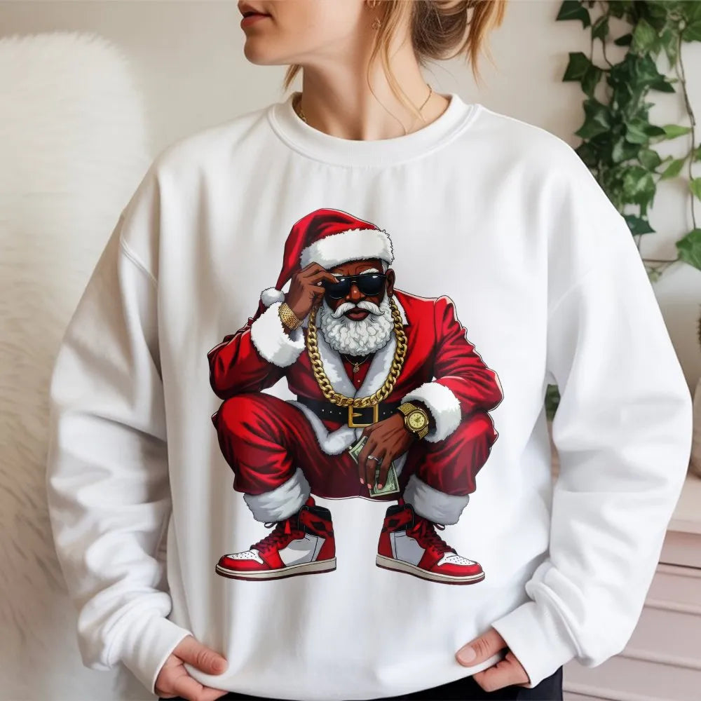 Hip Hop Streetwear Holiday Crewneck, Black Santa Christmas Sweatshirt, African American Santa Sweatshirt, Retro Xmas Graphic 