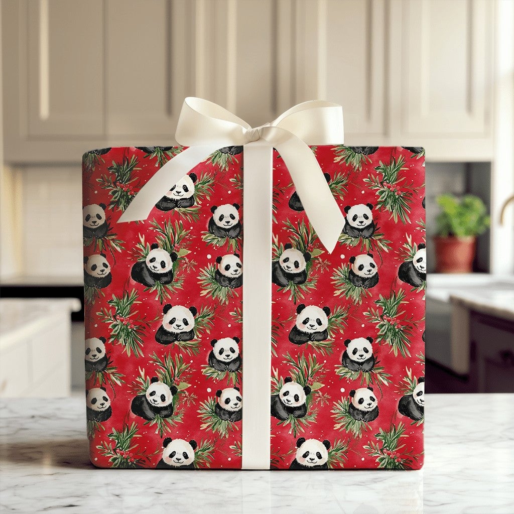 Holly and Berry Gift Wrap, Christmas Panda Bear Wrapping Paper, Red Holiday Wrapping Paper, Adorable Animal Lover Festive Gif