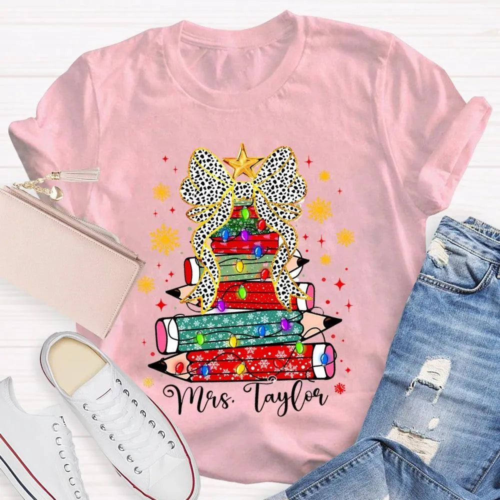 Custom Name Pencil Snowflake Tee, Personalized Teacher Christmas Tree Shirt, Holiday Teacher T-Shirt, Christmas Teacher Prese