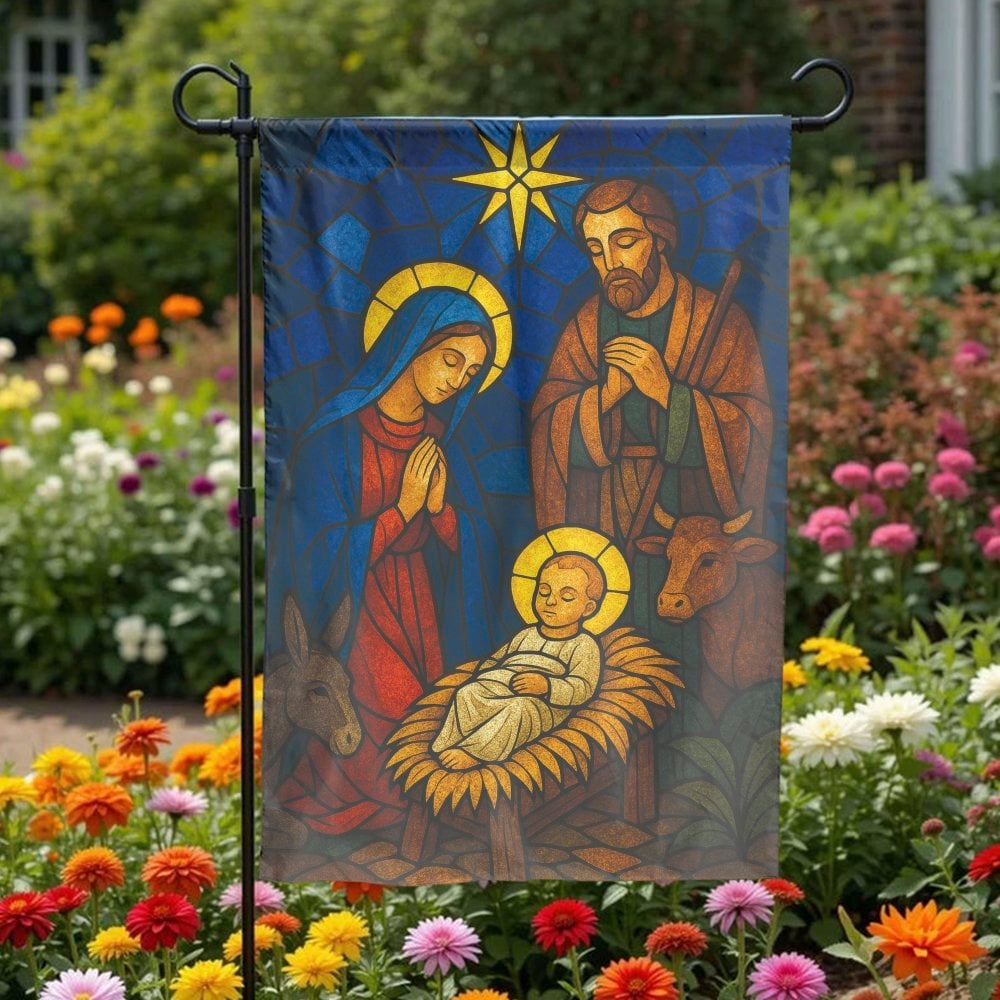 Holy Family Christmas Garden Flag, Stained Glass Nativity Garden Flag, Religious Holiday Yard Flag, Christian Outdoor Flag, X