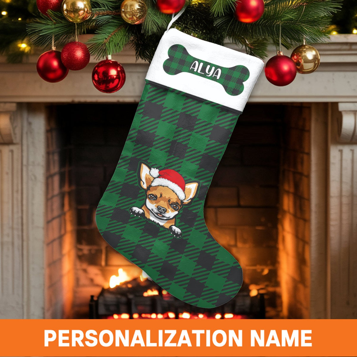 Personalized Dog Christmas Stocking, Chihuahua Christmas Stocking, Green Buffalo Plaid Pet Stocking, Custom Puppy Holiday Dec