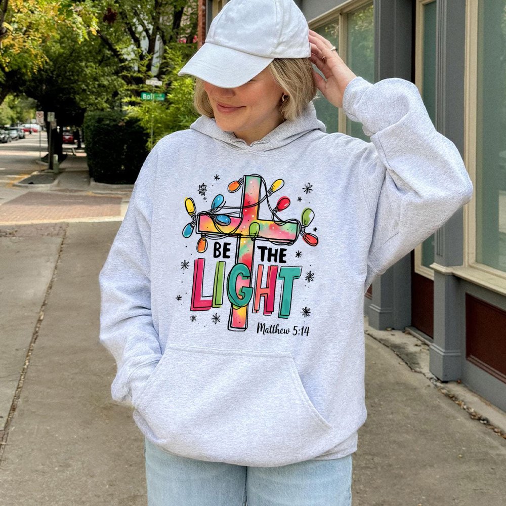 Matthew 5 14 Scripture Hooded Sweatshirt, Be the Light Christian Hoodie, Faith Cross Pullover Hoodie, Religious Christmas Pre