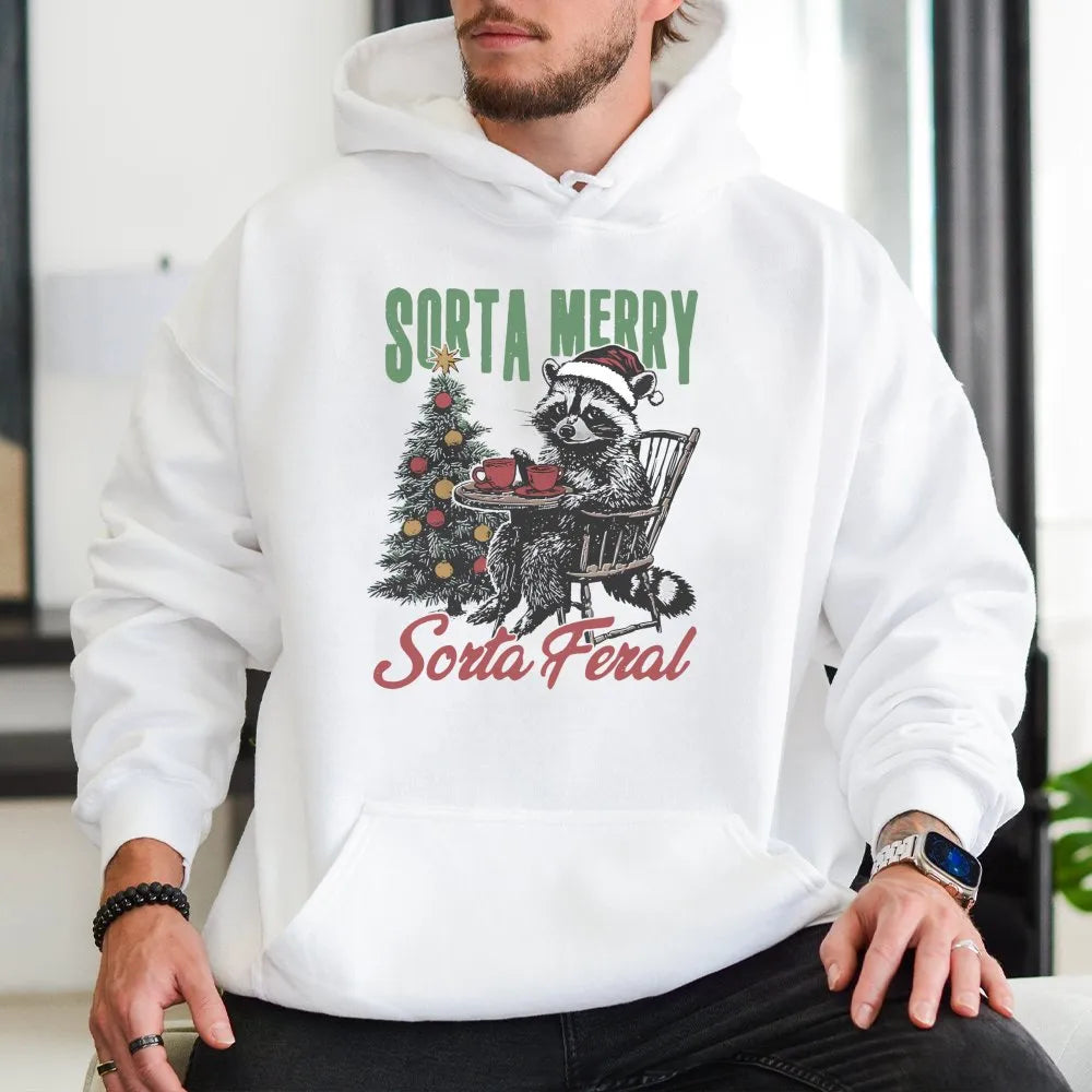 Humorous Christmas Raccoon Hooded Sweatshirt, Sorta Merry Sorta Feral Raccoon Hoodie, Adorable Xmas Animal Pullover, Wildlife