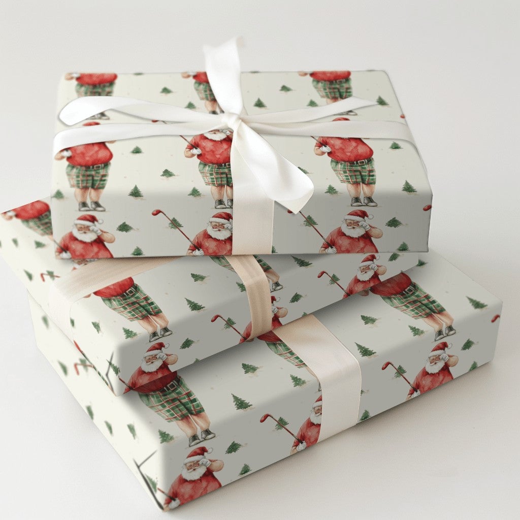 Humorous Christmas Golf Gift Wrap, Golfing Santa Wrapping Paper, Golfer Holiday Wrapping Paper, Plaid Shorts Santa Christmas 