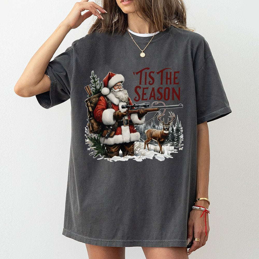 Humorous Deer Hunter Christmas T-Shirt, Tis the Season Santa Hunting Shirt, Retro Xmas Hunting Tee, Outdoorsman Holiday Graph