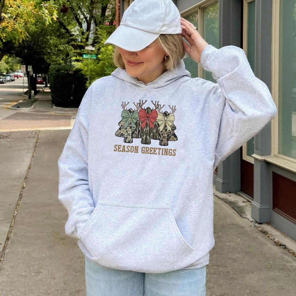 Coquette Bow Winter Holiday Sweatshirt, Camo Christmas Tree Hoodie, Camouflage Hunting Xmas Pullover, Outdoorsy Girl Christma