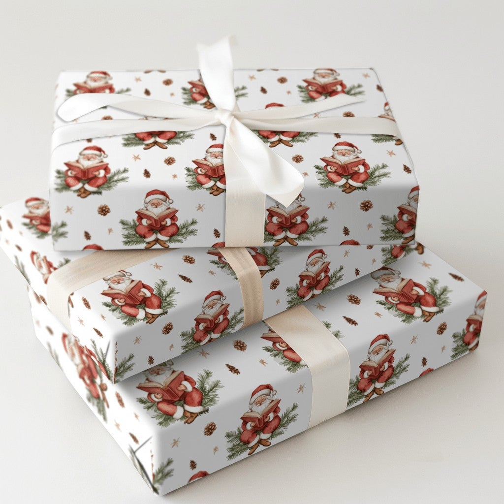 Book Lover Christmas Gift Wrap, Reading Santa Wrapping Paper, Vintage Watercolor Wrapping Paper, Pinecone Holiday Gift Wrap R