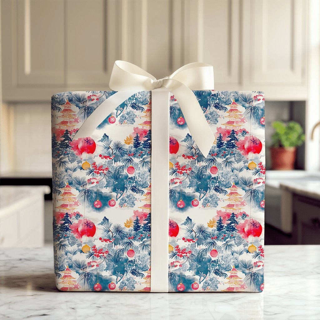 Asian Pagoda Holiday Gift Wrap, Chinoiserie Christmas Wrapping Paper, Fu Character Wrapping Paper, Winter Pine Tree Holiday W