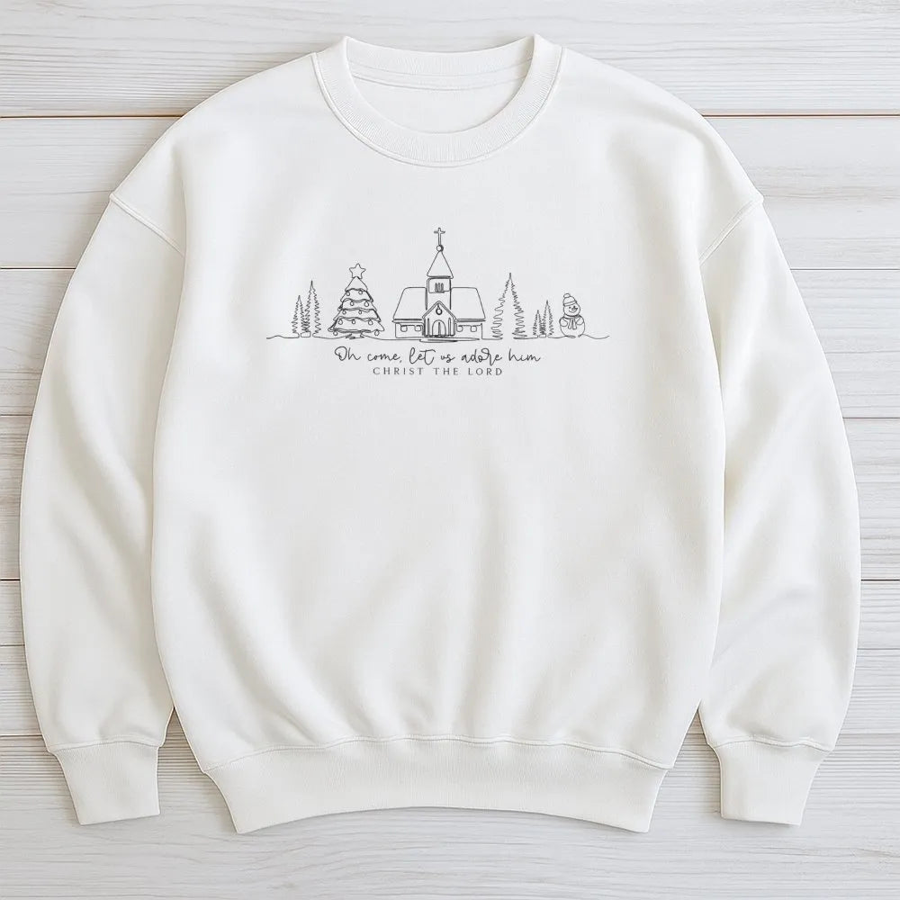 Minimalist Church Line Art Crewneck, Oh Come Let Us Adore Him Sweatshirt, Christian Holiday Sweater, Religious Christmas Swea