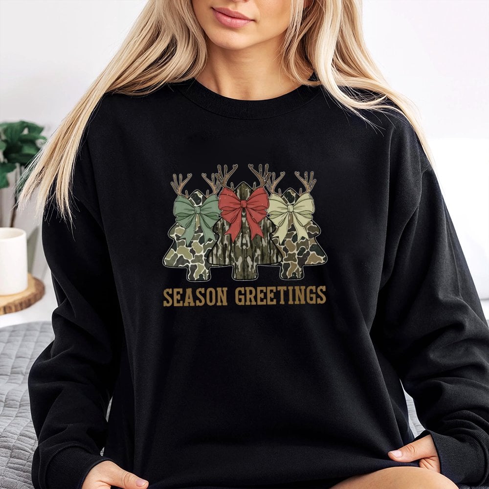 Coquette Bow Holiday Graphic Crewneck, Camo Christmas Tree Sweatshirt, Camouflage Xmas Tree Sweater