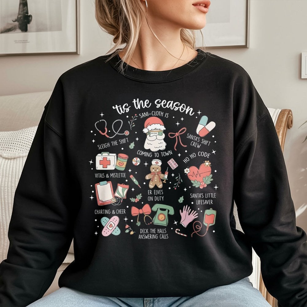 Humorous Medical Holiday Icons Crewneck, Nurse Christmas Sweatshirt, RN Hospital Staff Xmas Sweater, Healthcare Worker Holida