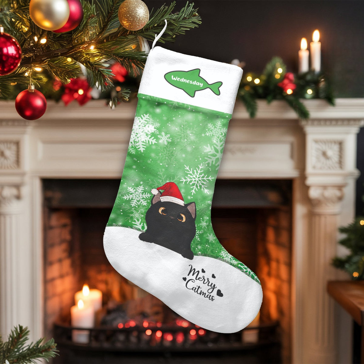 Merry Catmas Holiday Stocking, Personalized Black Cat Christmas Stocking, Custom Pet Name Christmas Stocking, Adorable Kitty 