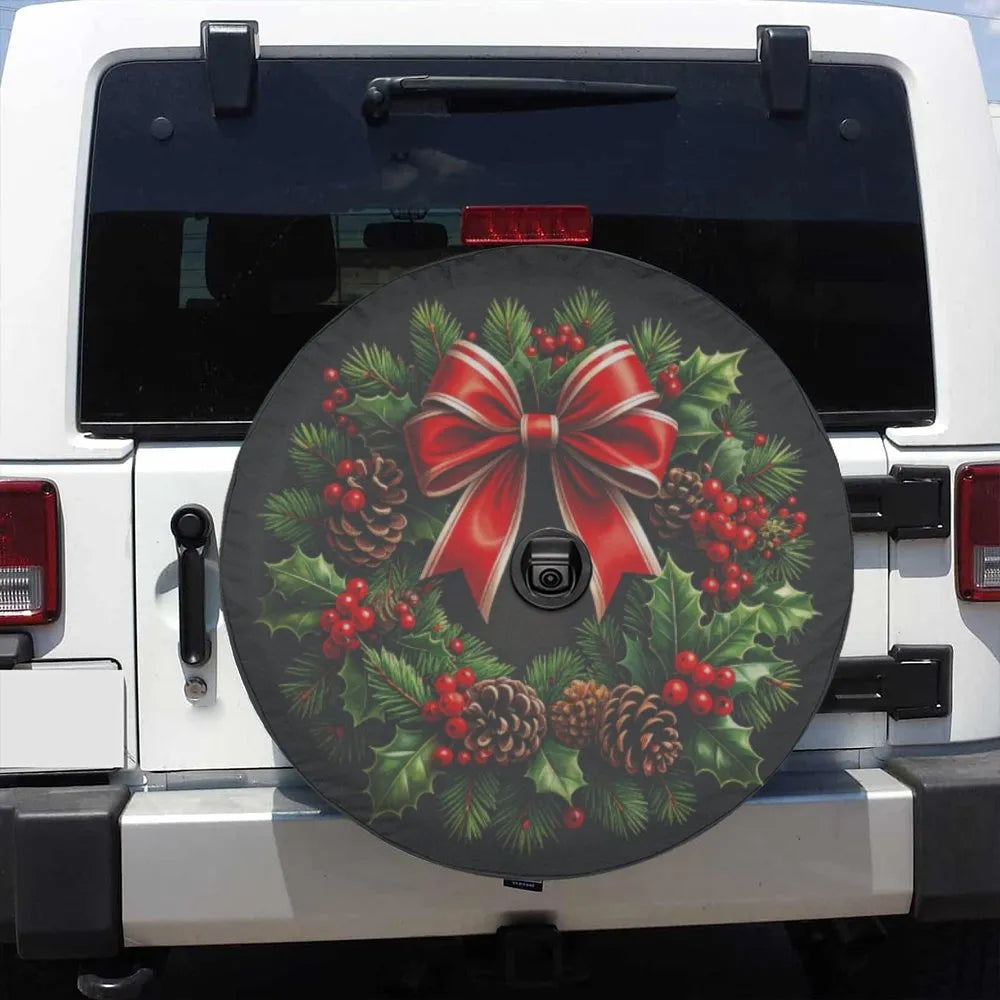 Festive Pinecone Red Bow Tire Cover, Christmas Wreath Spare Tire Cover, Waterproof Holiday Tire Cover, Xmas Jeep SUV Car Deco