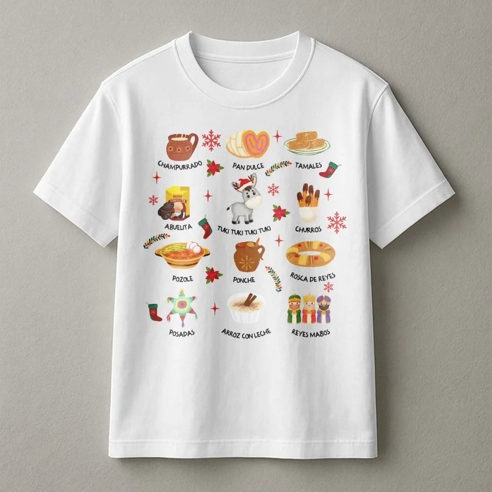 Feliz Navidad Tamales and Traditions Graphic Tee, Mexican Christmas T-Shirt, Festive Latino Holiday Shirt, Hispanic Christmas