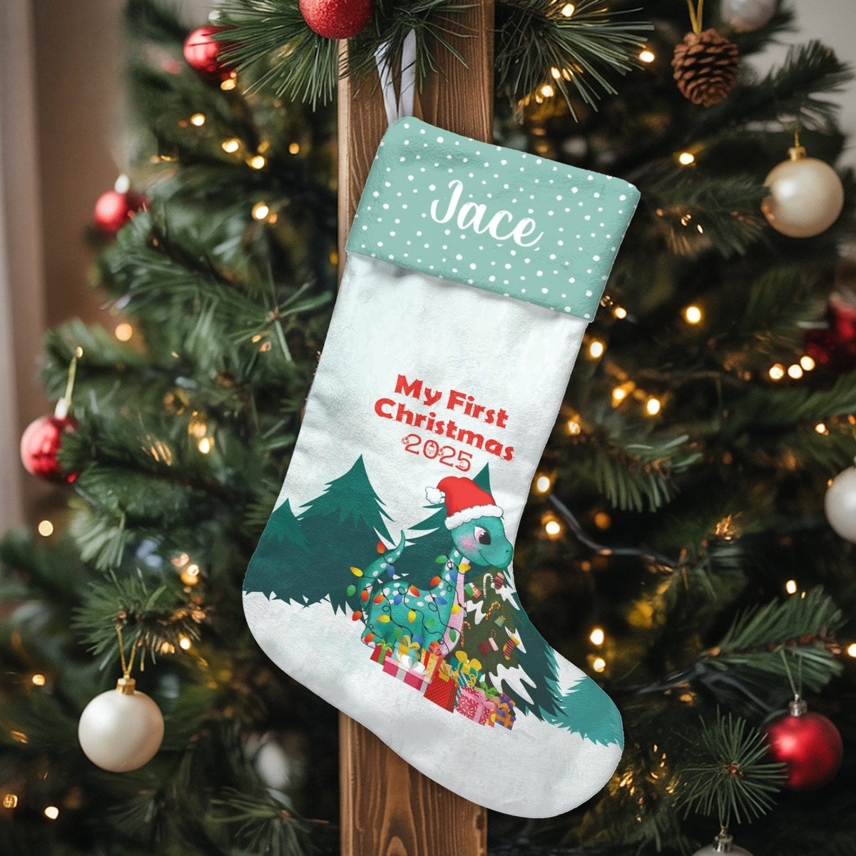 Baby First Christmas Stocking, Personalized Dinosaur Christmas Stocking, Custom Name Dino Holiday Stocking, Adorable Baby Sho