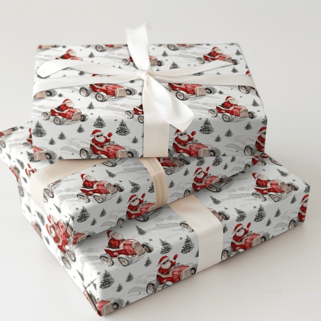 Sunglasses Santa Christmas Gift Wrap, Santa Driving Red Race Car Wrapping Paper, Vintage Car Holiday Present Paper, Xmas Gift
