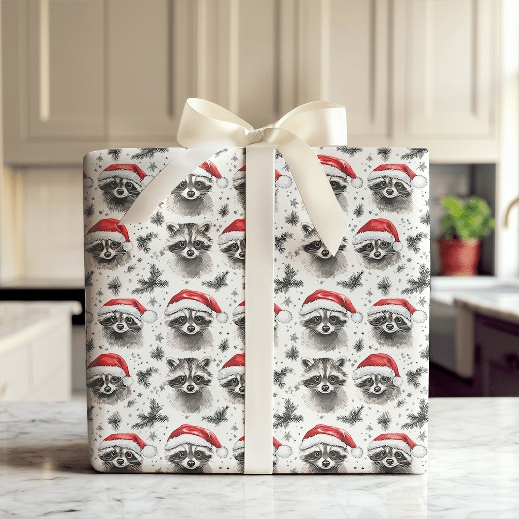 Santa Hat Raccoon Gift Wrap, Christmas Raccoon Wrapping Paper, Woodland Animal Holiday Wrapping Paper, Adorable Watercolor Xm