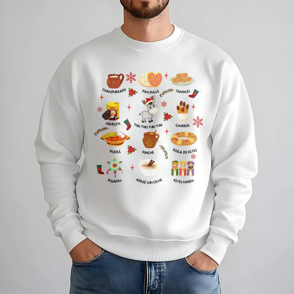 Traditional Holiday Food Sweatshirt, Mexican Christmas Sweatshirt, Latina Festive Holiday Crewneck, Mexican Food Christmas Sw