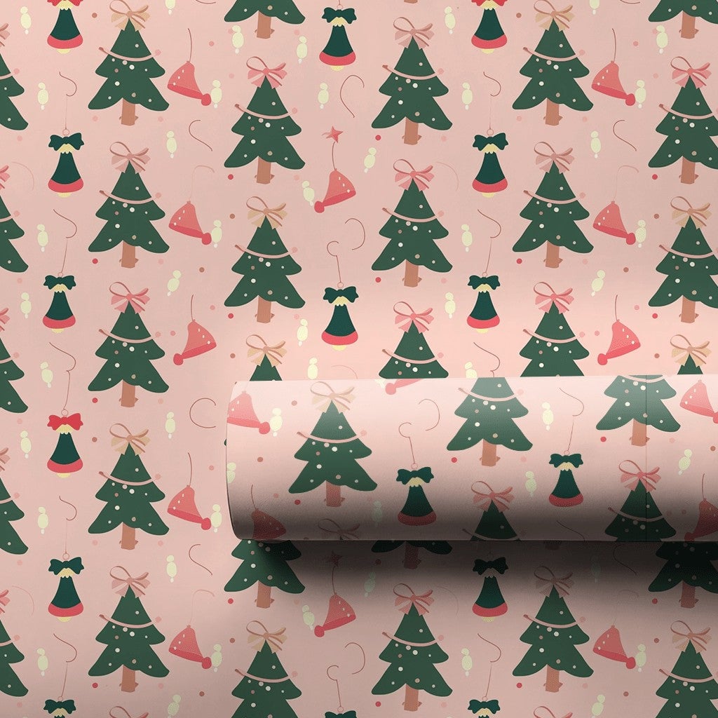 Whimsical Holiday Gift Wrap, Pink Christmas Tree Wrapping Paper, Santa Hat and Bells Xmas Wrapping Paper, Adorable Festive Gi