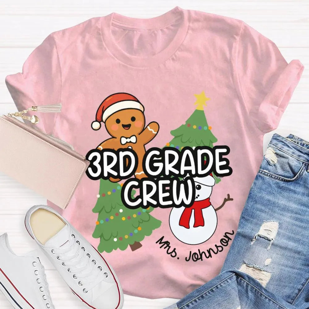 Snowman Tree Custom Holiday Shirt, Personalized Third Grade Crew Christmas T-Shirt, 3rd Grade Teacher Tee, Custom School Chri