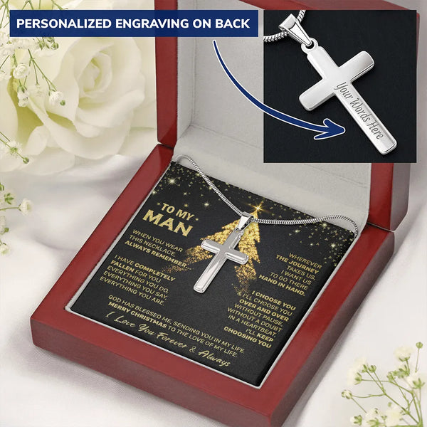 Custom Engraved Cross Pendant, Personalized Cross Necklace for Husband, Mens Stainless Steel Cross Necklace, Faith Jewelry, C