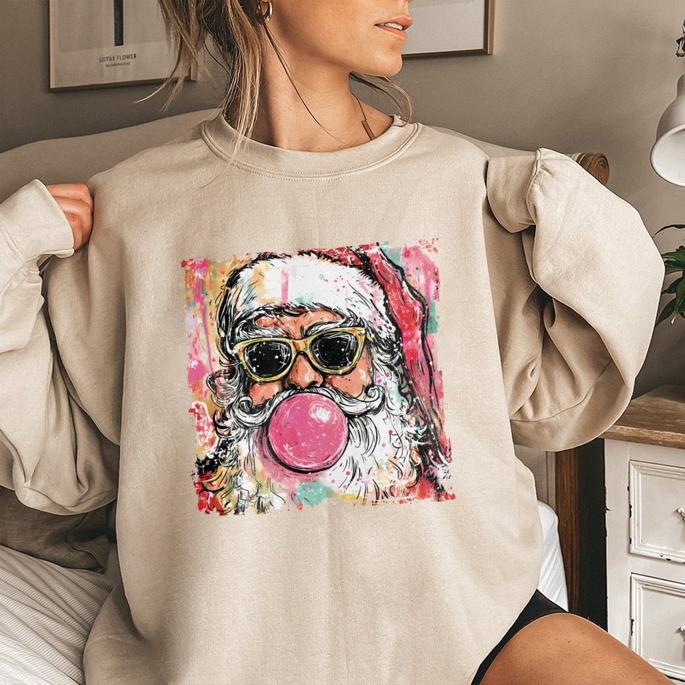 Retro Bubblegum Santa Crewneck, Cool Santa Bubble Gum Sweatshirt, Humorous Santa Christmas Sweater, Vintage Holiday Graphic S