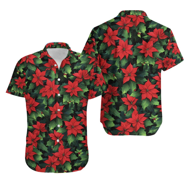 Festive Christmas Floral Aloha Shirt, Poinsettia Hawaiian Shirt, Holiday Party Summer Button Down, Mens Winter Beach Vacation
