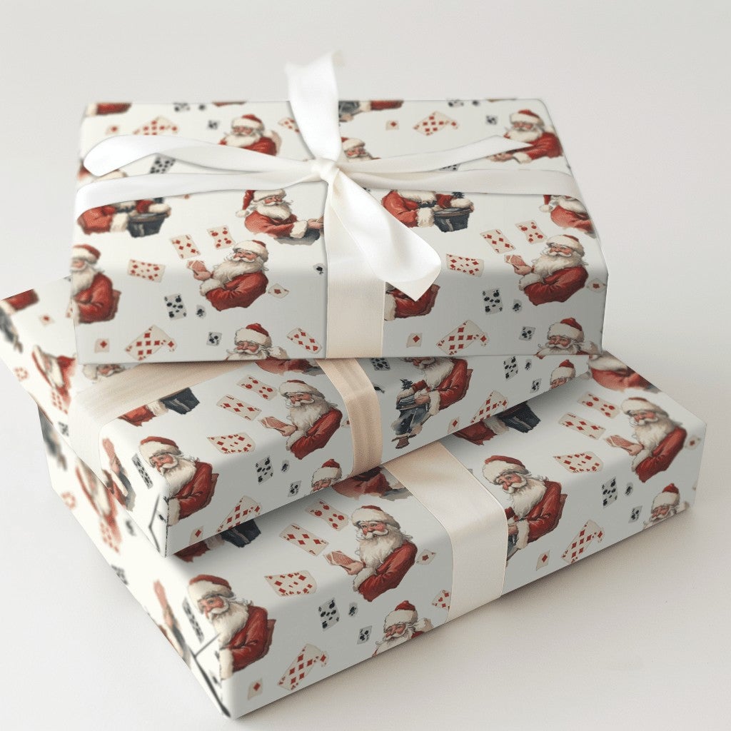 Whimsical Magic Trick Gift Wrap, Vintage Santa Playing Cards Wrapping Paper, Retro Christmas Paper, Holiday Present Wrap