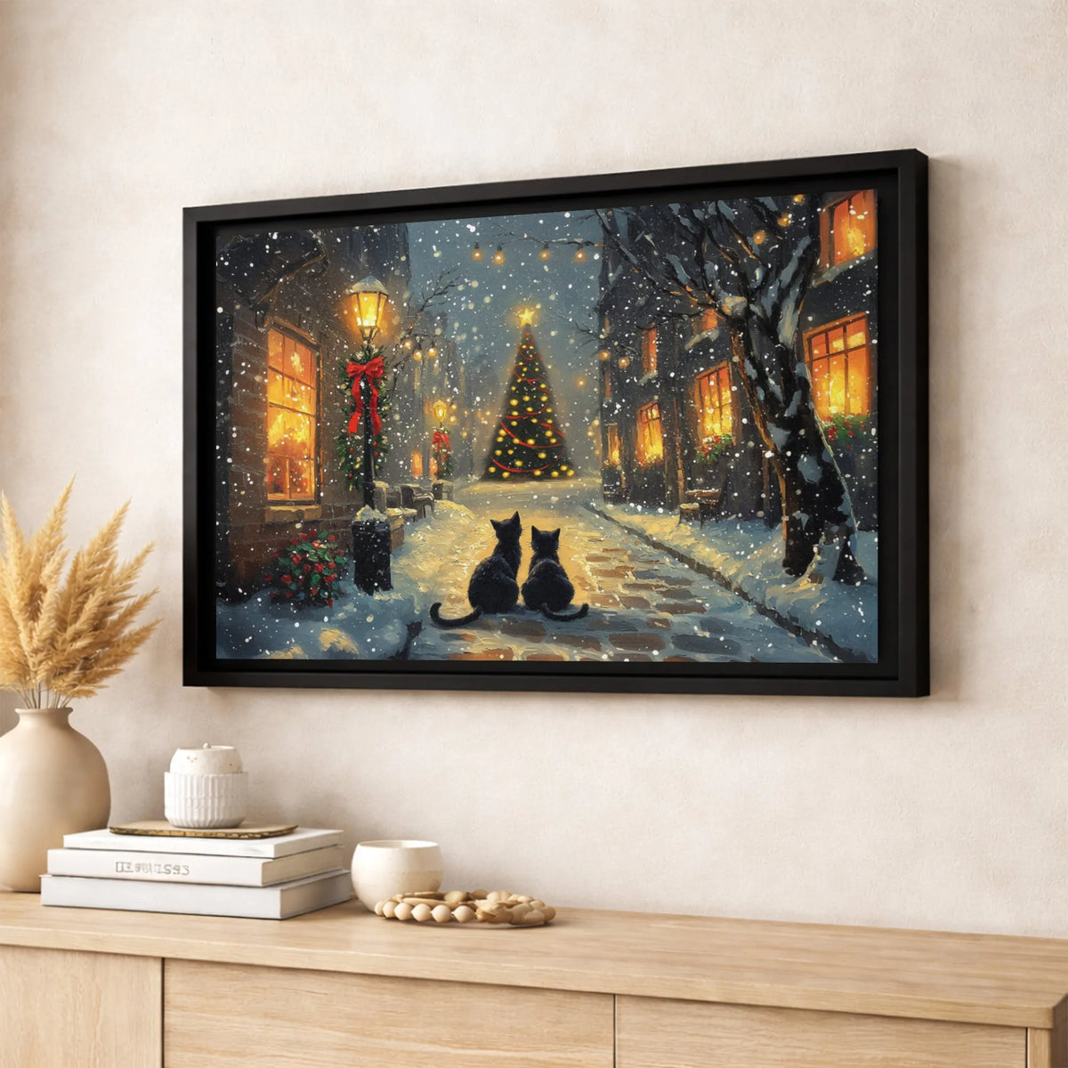 Snowy Village Holiday Street Canvas Wall Art, Black Cat Christmas Canvas Print, Winter Cat Landscape Canvas, Holiday Home Dec