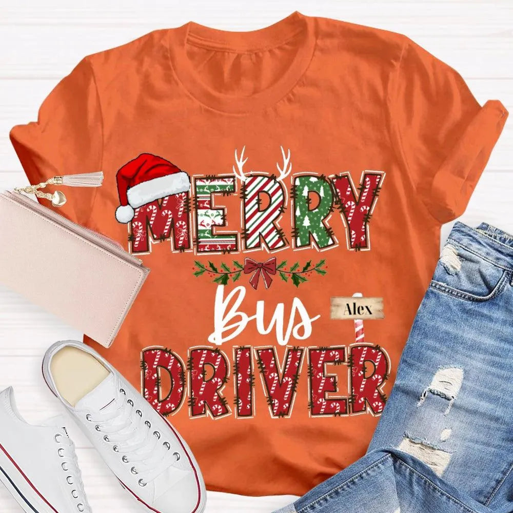 Custom Santa Hat Holiday Graphic Tee, Personalized Bus Driver Christmas T-Shirt, Merry Christmas Driver Shirt, Adorable Xmas 