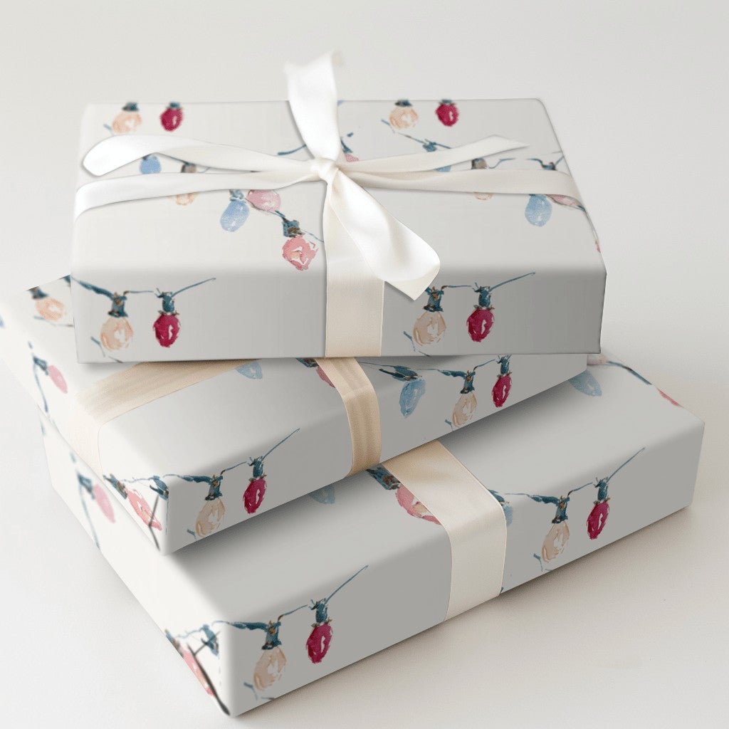 Pastel Holiday String Light Gift Wrap, Watercolor Christmas Lights Wrapping Paper, Festive Xmas Paper, Winter Present Wrappin