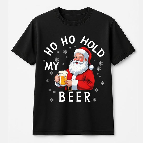 Humorous Christmas Drinking Shirt, Ho Ho Hold My Beer Santa T-Shirt, Drunk Santa Claus Tee, Retro Holiday Beer Lover Shirt, X
