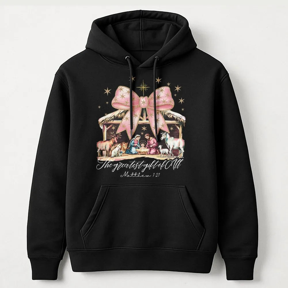 The Greatest Present of All Hoodie, Nativity Scene Hoodie, Christian Bow Graphic Hooded Sweatshirt, Religious Christmas Pullo