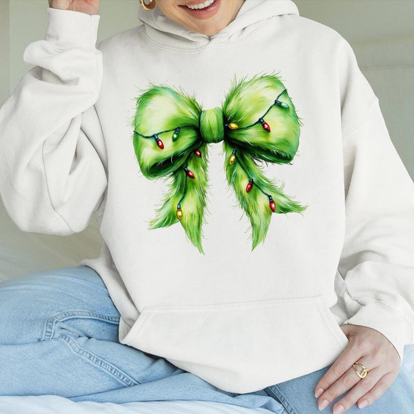 Coquette Bow with Holiday Lights Hooded Sweatshirt, Fuzzy Green Bow Christmas Hoodie, Preppy Christmas Pullover, Adorable Xma