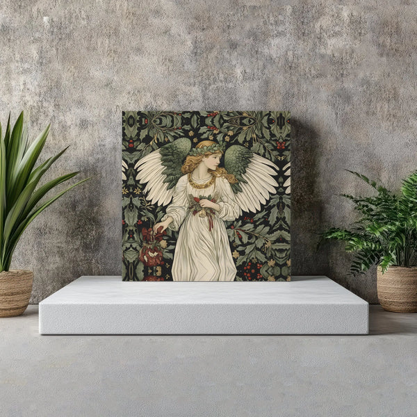 Victorian Holly Berry Damask Canvas, Christmas Angel Square Canvas Wall Art, Holiday Religious Wall Art, Vintage Xmas Canvas 