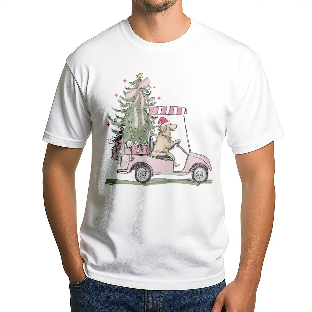 Golf Cart Holiday Dog Shirt, Christmas Golden Retriever T-Shirt, Adorable Xmas Retriever Graphic Tee, Humorous Dog Lover Shir