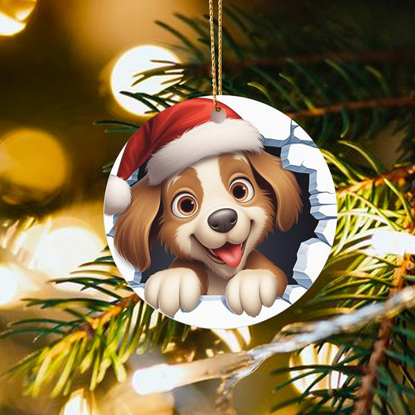 Santa Hat Dog Ornament, Cartoon Puppy Christmas Ornament, Wall Burst Puppy Ceramic Ornament, Holiday Tree Decor, Dog Lover Xm