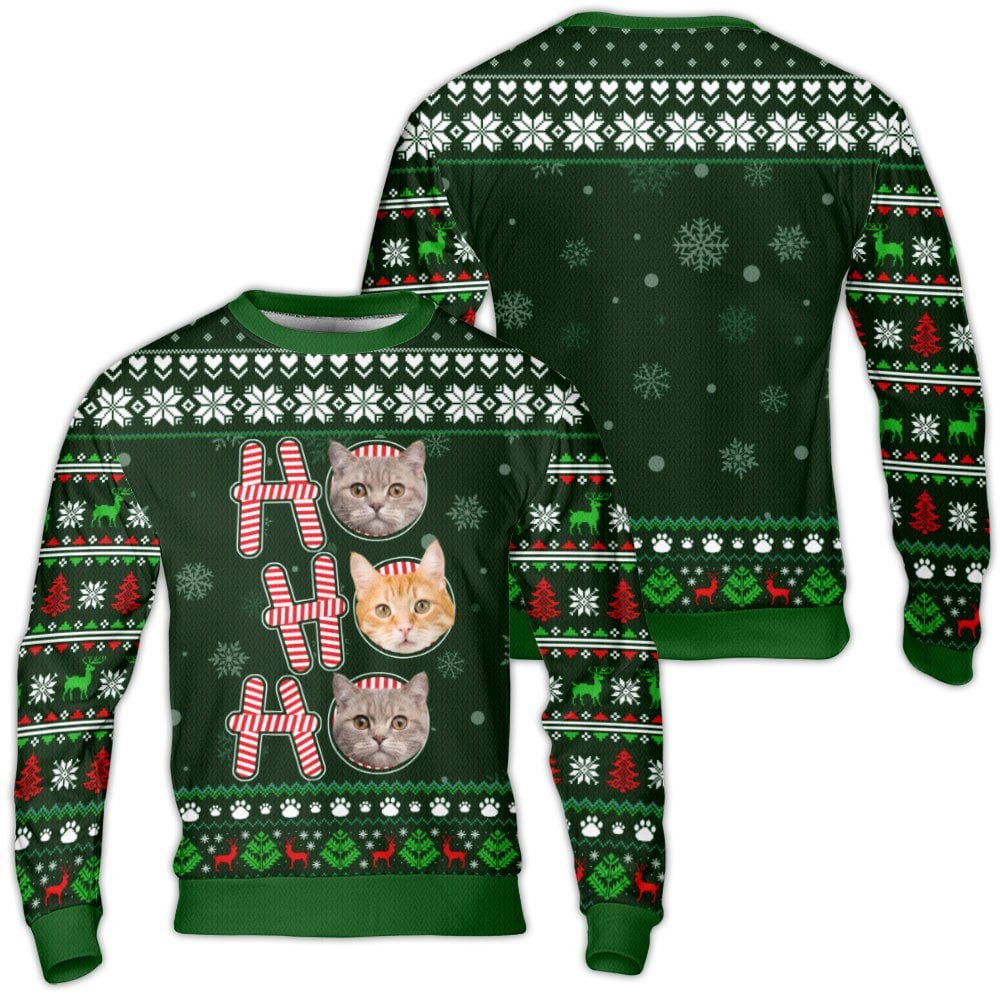 Ho Ho Ho Cat Holiday Sweatshirt, Custom Cat Photo Ugly Christmas Sweater, Adorable Cat Lover Christmas Crewneck, Pet Portrait