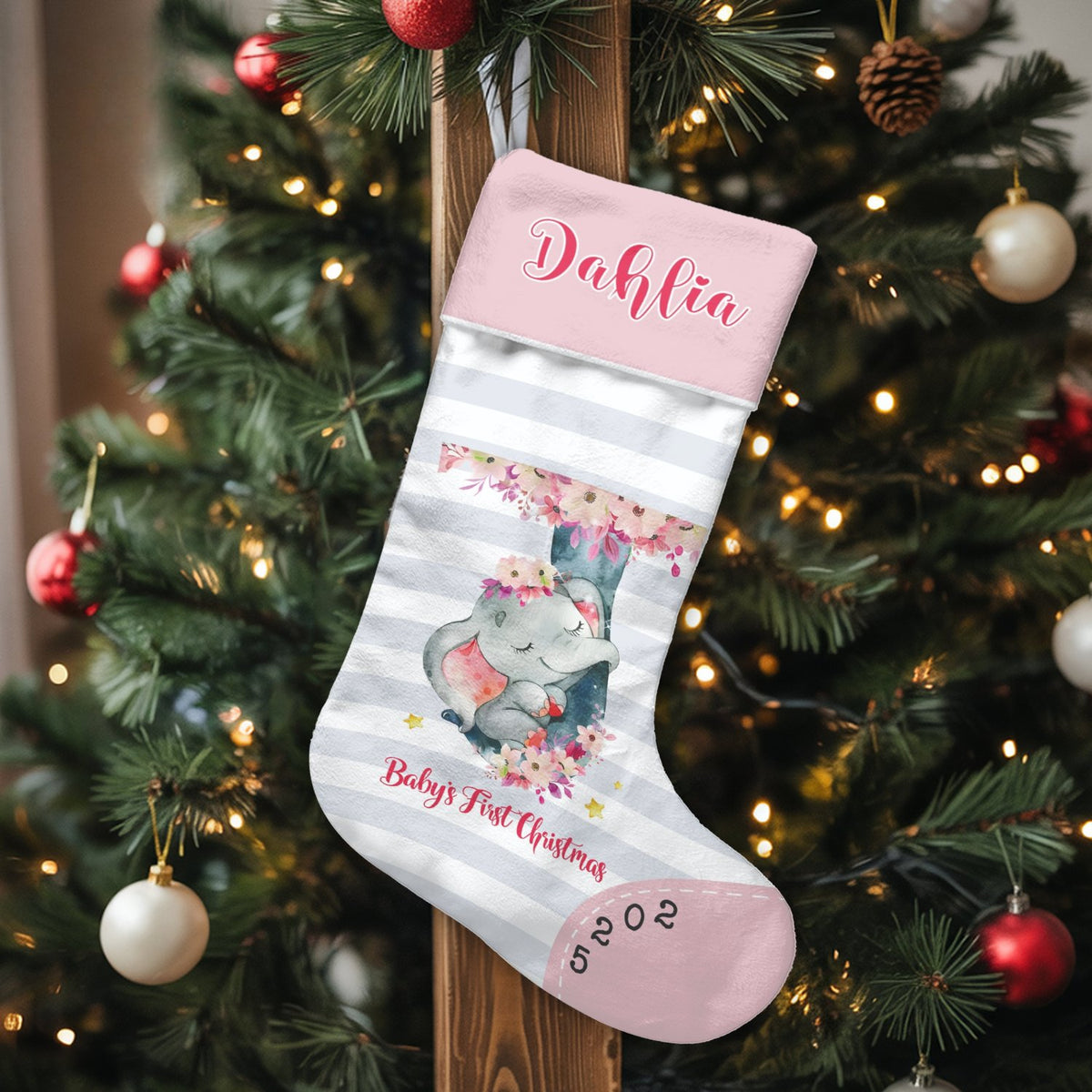 Adorable Sleeping Elephant Holiday Stocking, Personalized Baby Christmas Stocking, Custom Name Baby First Stocking, Newborn F