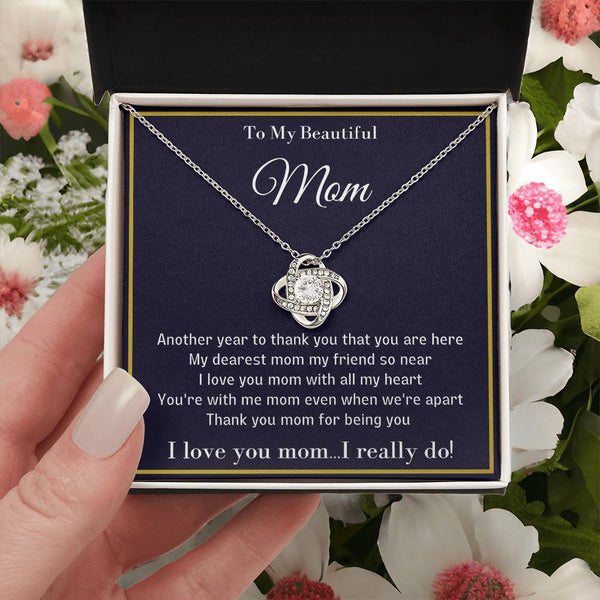 Cubic Zirconia Pendant Necklace, Love Knot Necklace for Mom, 14k White Gold Finish Jewelry, Meaningful Mother Christmas Prese