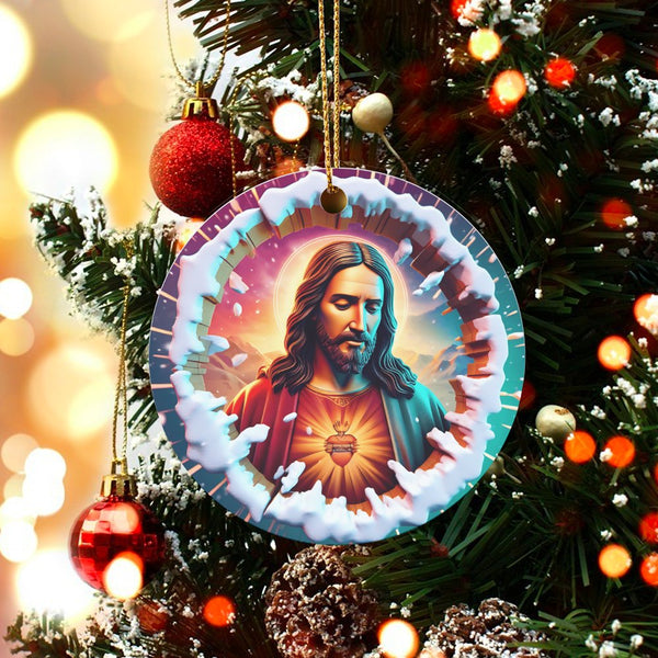 Snowy Border Catholic Christmas Ornament, Sacred Heart of Jesus Ceramic Ornament, Religious Holiday Tree Ornament, Faith Keep